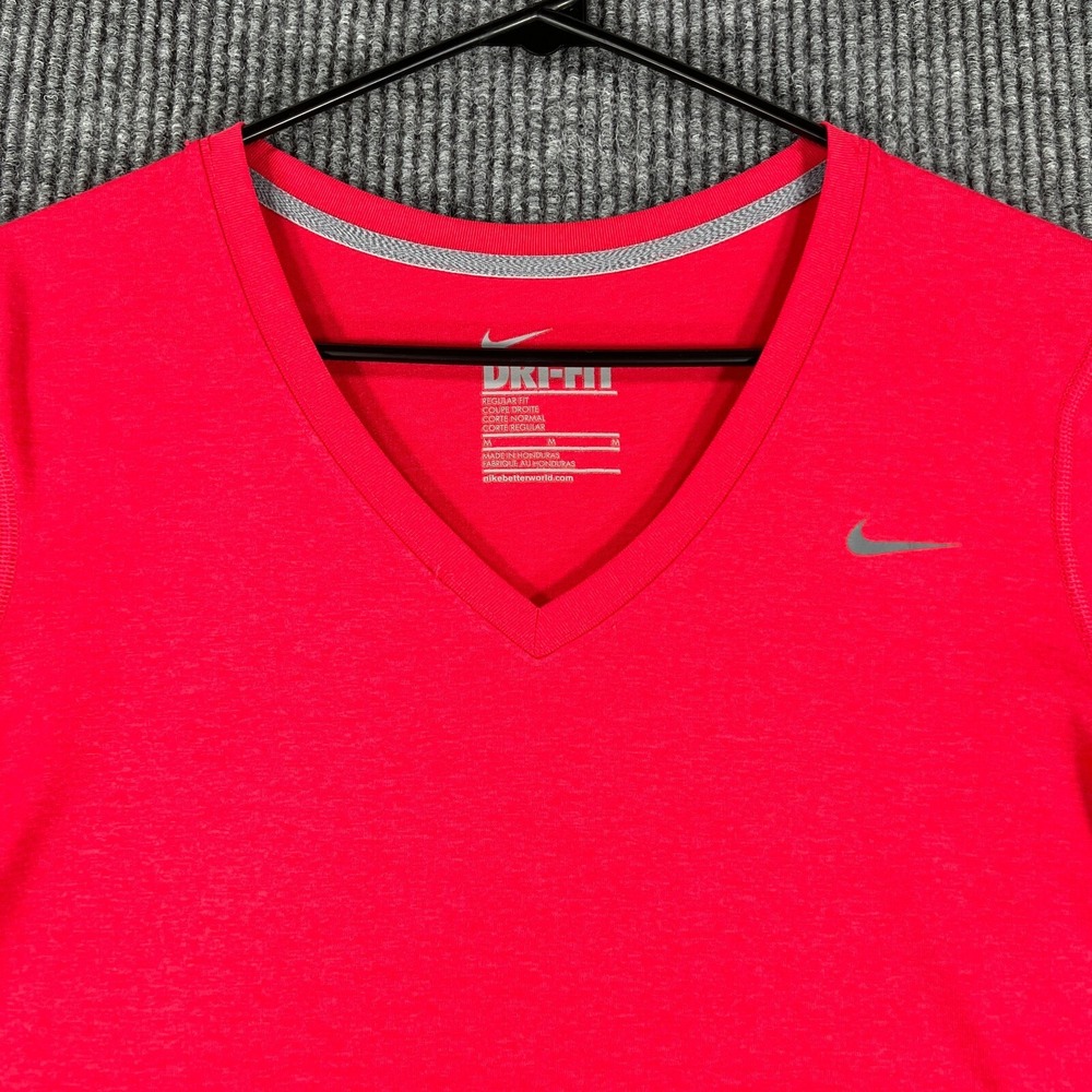 Nike Shirt Womens Medium Red Short Sleeve Regular Dri Fit V Neck Workout Active